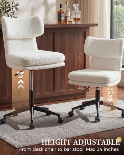COMHOMA Vanity Chair with Ergonomic Curved Backrest, Home Office Desk Chair with Silent Wheel, Wide Seating Computer Chair for Girls Women Bedroom, Soft Teddy Fabric, White - color: White, Teddy Fleece