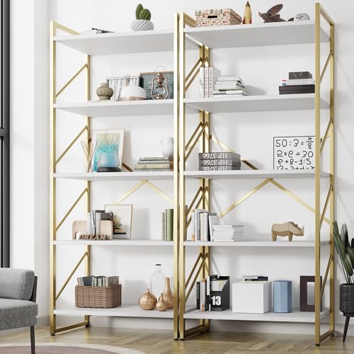 Shintenchi 2 Pieces 5 Tiers Bookshelf, Classically Tall Bookcase Shelf, Industrial Book Rack, Modern Book Holder in Bedroom/Living Room/Home/Office, Storage Rack Shelves for Books/Movies-Gold - color: 2pcs/Gold
