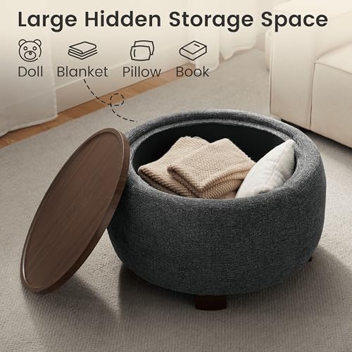 VKNOW 30" Round Storage Ottoman, Ottoman Coffee Table with Removable Wood Top and Solid Wood Legs for Living Room, Bedroom, Apartments (Black) - color: Black