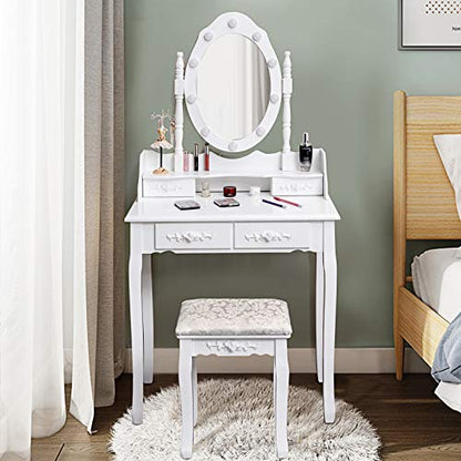 DORTALA Vanity Table Set w/ 10 LED Dimming Bulbs, Classic Makeup Dressing Table Set w/ 2 Large Drawers & 2 Tabletop Boxes, Stable Beauty Station, White