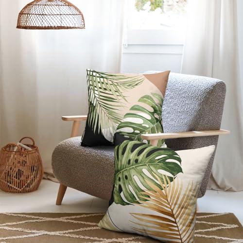 Summer Tropical Palm Leaf Pillow Cases 16x16 Set of 2 Green Banana Leaves Monstera Botanical Pillowcase Modern Geometric Plant Outdoor Decorative Throw Cushion Cases for Bedroom Living Room - color: Tropical Palm Leaf Pillow Covers - A12-6, size: 16" x 16