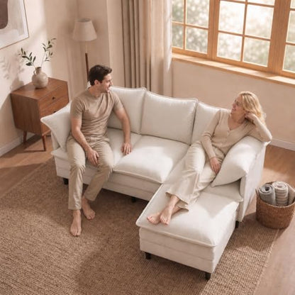Convertible Sectional Sofa, 69" Small Cloud L-Shaped 3-Seat Couch with Movable Ottoman & Curved Armrest, Modern Chenille Fabric for Living Room, Apartment and Small Space, Beige - color: Beige, size: 3-Seat with Ottoman