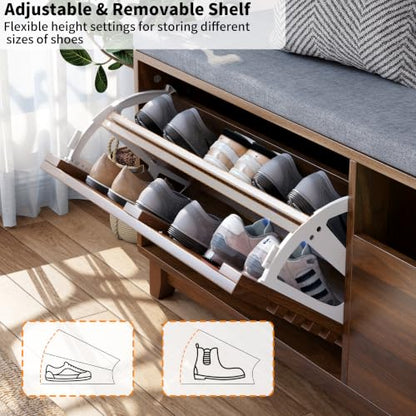 47.2" Shoe Storage Bench with Flip Drawer, 2-Tier Entryway Bench with Padded Seat Cushion & 2 Pull-out Shelves & Semi-open storage, Shoe Rack Bench with Side Holder for Hallway,Bedroom (Walnut)