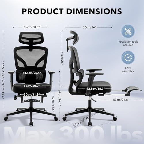 Ergonomic Office Chair Mesh – Adjustable Lumbar 3D Armrests High-Back Desk | Breathable Mesh Backrest; Seat Height & Tilt-Angle Adjustment; Smooth-Rolling Casters; Easy To Assembly, For Home, Office - color: Black-pf1