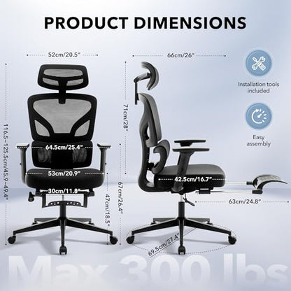 Ergonomic Office Chair Mesh – Adjustable Lumbar 3D Armrests High-Back Desk | Breathable Mesh Backrest; Seat Height & Tilt-Angle Adjustment; Smooth-Rolling Casters; Easy To Assembly, For Home, Office - color: Black-pf1