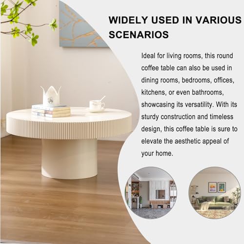 Round Fluted Drum Coffee Table with Pedestal Base | 30.7'' Modern White Wooden Drum Center Table, Handcrafted Wood Fluted Edge, For Living Room & Apartment - color: White Thin