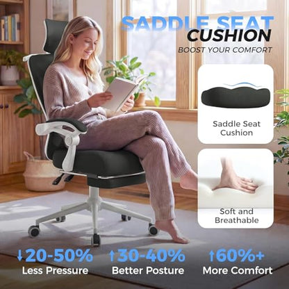 CYKOV Ergonomic Office Chair with Footrest - Adjustable Lumbar Support & Headrest, 90-135° Reclining Mesh Back Computer Chair - Home Office/Gaming, 350lbs Capacity | 4-Way Headrest (4.72" + 60°), 2-Way Lumbar (2" + 1.18"), 90-135° Recline, Breathable Mesh