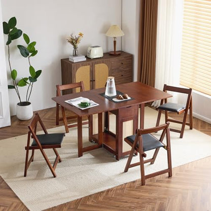 VINGLI Folding Dining Table Set Extendable Drop Leaf Solid Wood Foldable Table 5 Piece with 4 Chairs 2 Drawers and Wheels for Kitchen Space Saving,Walnut