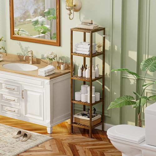 SMIBUY Bathroom Storage Shelf, 5-Tier Bamboo Rack Organizer, Multifunctional Shelving Unit for Living Room Bedroom Kitchen (Walnut) - color: Walnut, size: 5 Tier