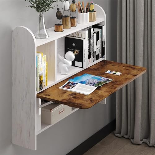 Wall Mounted Drop-Leaf Table, Floating Laptop Desk, Folding Table with Shelves, Multifunctional Computer Workstation with Storage Compartments in Home Office for Space Saving (Grayish White) - color: Grayish White