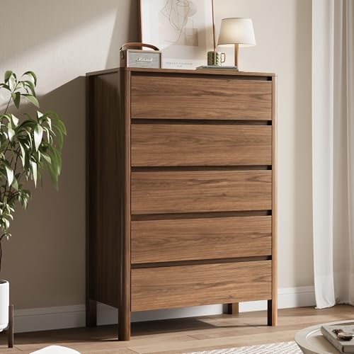 MAISONARIA Walnut 3-Piece Dresser Bedroom Set, 5 Drawers Dresser & 3 Drawer Nightstands with Hidden Handles, Wood Chest of Drawers for Bedroom, Living Room, Entryway - color: Walnut, size: 5+3