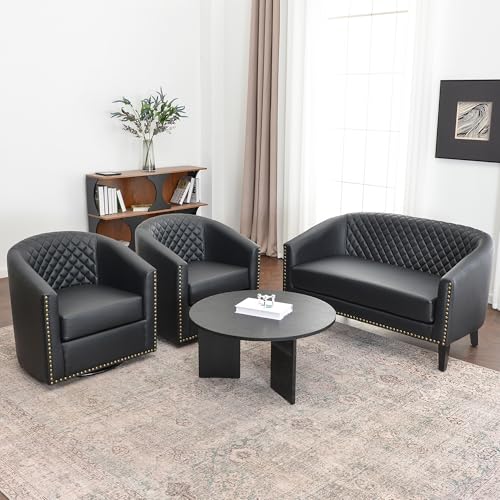 KINWELL 50" Faux Leather Loveseat with 2 Swivel Barrel Accent Chairs, Black | PU Upholstered Tufted Minimalist 2-Seater Couch Sofa and Set of 2 Vegan Leather Swivel Armchairs for Small Spaces Apartment - color: Black, style: 2 Chairs + Loveseat