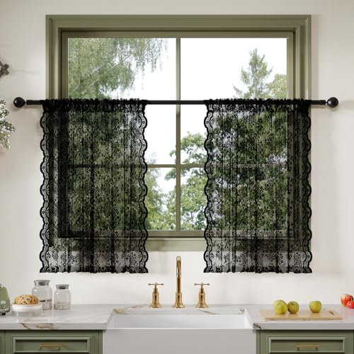 Anmao Vintage Lace Kitchen Curtains 36 Inches Long 2 Panels, Romantic Semi Sheer Floral Over Sink Lacy Cafe Curtain, Elegant Window Short Small Drapes, 55W x 36L, Black - color: Black Plum, size: 55"W x 36"L (Pack of 2)