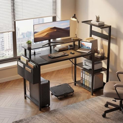 Gaming Desk 43 Inch Computer Table with Storage Shelves & Monitor Stand | LED Setup Style, PC Tower Stand, Reversible Workstation, USB Charging Port, for Home Office Desk, Bedroom, Dorm, Black - size: 43inch
