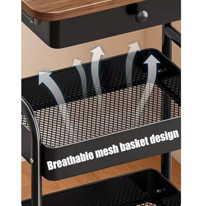 3-Tier Rolling Utility Cart with Drawers, Solid Wood Tabletop Metal Storage Cart, 360° Swivel Wheels & 2 Lockable Casters, Lightweight Mobile Organizer Trolley for Kitchen Living Room Bathroom - color: Black