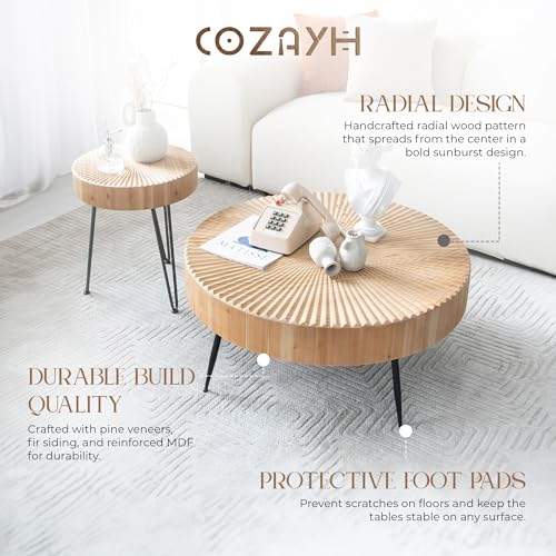 COZAYH 2-Piece Nesting Coffee Table - Round Table - Modern Farmhouse | Solid Pine Veneer Top, Black Metal Legs, Radial Wood Grain, Large 31.5 x 31.5 x 14.2 in, Small 15.7 x 15.7 x 18.4 in - color: Radial Pattern