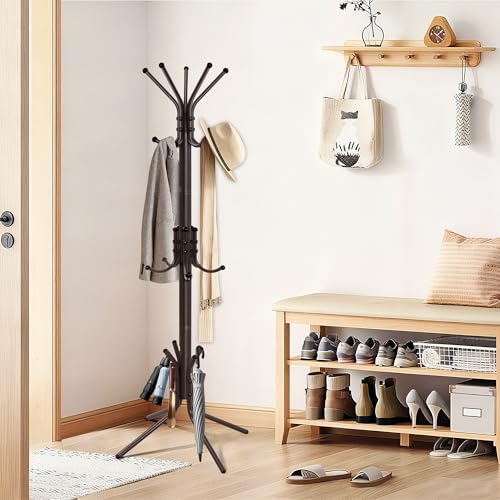 Metal Coat Rack, Freestanding Coat Tree & Hall Tree with 15 Hooks, Sturdy Coat Rack Stand and Hat Rack, Coat Hanger for Entryway, Bedroom, Office for Jackets, Hats, Bags,Brown - color: BROWN