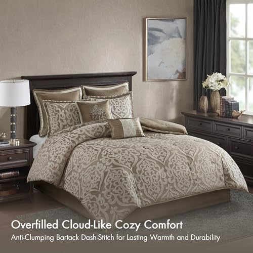 Madison Park Odette Cozy Comforter Set Jacquard Damask Medallion Design - Modern All Season, Down Alternative Bedding, Shams, Decorative Pillows, Cal King(104 in x 92 in), Tan 8 Piece | All Season Down Alternative Bedding with Comforter, Shams, Bed Skirt,