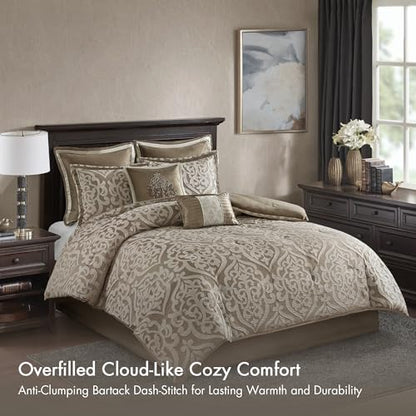 Madison Park Odette Cozy Comforter Set Jacquard Damask Medallion Design - Modern All Season, Down Alternative Bedding, Shams, Decorative Pillows, Cal King(104 in x 92 in), Tan 8 Piece | All Season Down Alternative Bedding with Comforter, Shams, Bed Skirt,