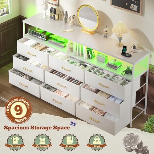 55" W Dresser for Bedroom with 9 Drawers LED, Power Outlets Fits 65" TV | TV Stand for 45, 55, 65 Inch TV Sturdy Long Chest of Drawers with Extra 2 Wooden Shelves Steel Frame PU Leather Drawer - color: White