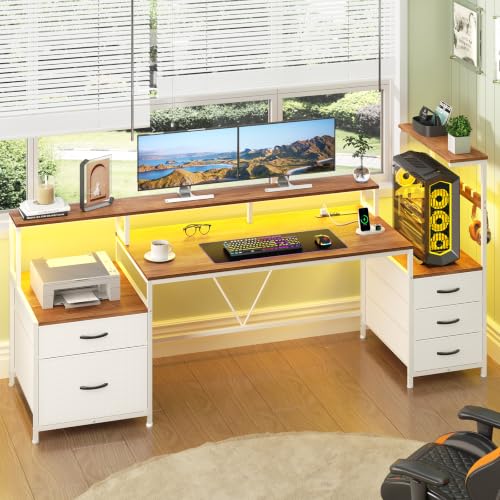63" Computer Desk with Drawers, Storage Shelves and Printer Stand | Gaming Desk with Monitor Stand and LED Lights, Reversible Home Office Desk with Printer Shelf, Brown and White - color: Brown and White