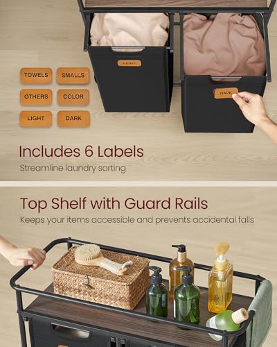 VASAGLE Laundry Sorter, Laundry Hamper with Wheels, 26.4 Gal. (100 L) Portable Rolling Cart Baskets with Shelf, 2 Removable Liners and 6 Labels, Ink Black and Chestnut Brown UBLH102BH01 - size: 2 Bags