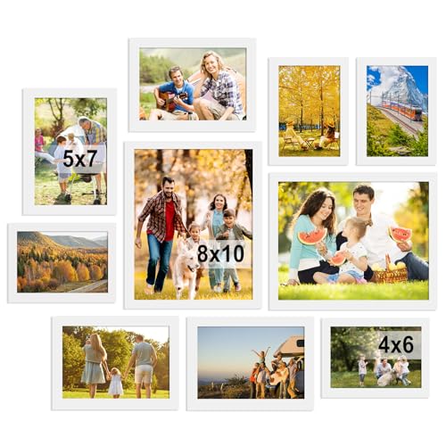 BESCRCL 10 Pack Picture Frames Collage Wall Decor, Gallery Wall Frame Set for Tabletop or Wall Mounting Display, Multi Size with Two 8x10, Four 5x7, and Four 4x6 Photo Frames, White - color: White