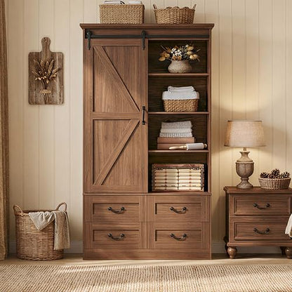 IRONCK Armoire Wardrobe Closet with 4 Drawers,71" Wardrobe Cabinet with Sliding Barn Doors, Tall Clothing Storage Cabinet with Hanging Rod and Shelves for Bedroom,Walnut - color: Walnut