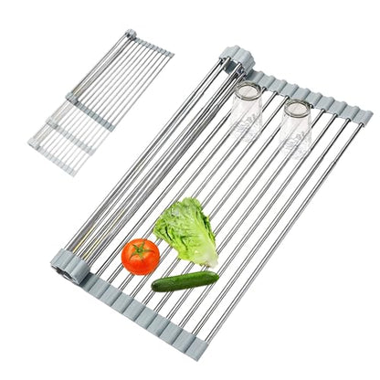 Expandable Roll-UP Dish Drying Rack-Large 304 Stainless Steel Dish Drainer Over The Sink for Kitchen Countertop,Extendable & Rollable & Food Grade (Silver,22.08'x 13.2') - color: Silver, size: Large Expandable