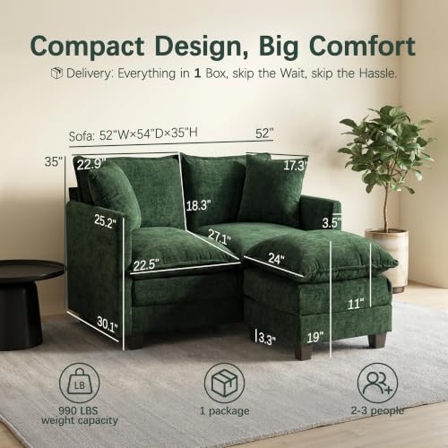 52" Loveseat Sofa, L-Shaped Cloud Love Seat Couches with Ottoman | Comfy Chenille Modern Love Seat with 2 Pillows, Small Loveseat for Small Spaces, Living Room, Bedroom, Apartment,Green, 52" L - color: Green, size: 52" L