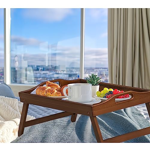 2 Pack Bed Tray Table Breakfast Trays Serving Tray Bamboo Bed Laptap with Floding Legs Handles and Phone Holders - color: Walnut 2 Pack