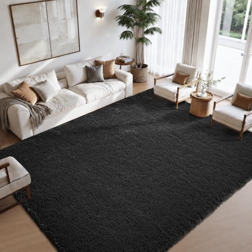 Zentavio Black Area Rugs for Living Room Bedroom 6x9 Large Men Room Carpet Fluffy Furry Shag Aesthetic Plush High Pile Floor Rug for Nursery Kids Room Dorm Home Decor - color: Black, size: 6' x 9' (Rectangular)