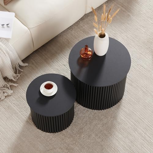 Round Nesting Coffee Table Set of 2, Small Fluted Coffee Table Circle Side Table, Mid Century Modern Wood Nesting Tables Farmhouse End Table Set for Living Room, Bedroom, Small Spaces(Black) - color: Black, size: Small-Fluted