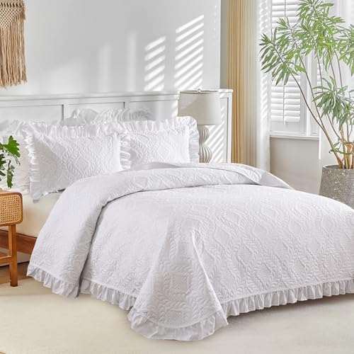 DJY Queen Size Quilt Sets, White Bedspreads, Ruffled Bedding Set | Lightweight Modern Pattern Coverlets, Bed Cover for All Seasons, 96''x90''- 3 Piece (1 Quilt, 2 Pillow Shams) - color: White, size: Queen