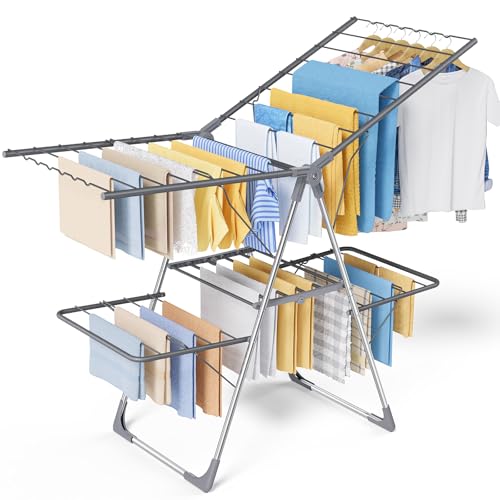 Sakugi Clothes Drying Rack, Foldable 2-Level with 55.5" Adjustable Wings | Laundry Room, Bedroom, Indoor & Outdoor Use, Height Adjustable, Clothing & Bedding, 55.5" L × 22.8" W, Gray - color: Gray, size: Large (55.5"L x 22.8"W x 36.6"H)