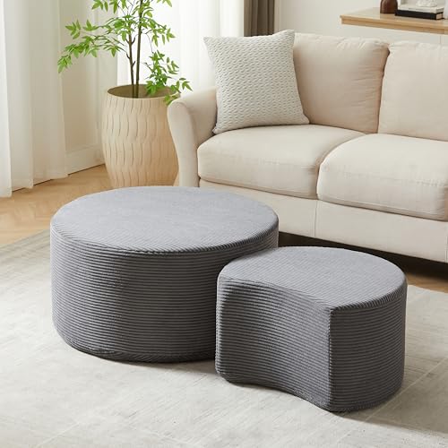 49.7'' Foam Round Nesting Coffee Table Set of 2, Modern Upholstered Side End Table Ottoman Footrest, No Assembly, Gray - color: 49.7''-gray