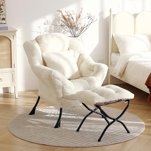 Lazy Chair with Ottoman, Plush Reading Chair with Pillow, Lvory | Removable machine-washable cover; includes an extra throw pillow; cozy accent chair for living room, bedroom, dorm or office - color: Plush Ivory