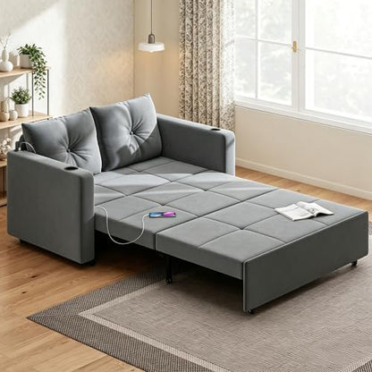 Krcix 3 in 1 Pull Out Couch, 56" Velvet Sofa Bed, Convertible Sleeper Sofa | Loveseat Sleeper for Living Room, Small Space-Saving, Family Couch Bed with USB, Cup Holder, Dark Gray - color: Dark Gray