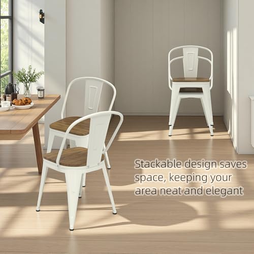 18 Inch White Dining Chairs Set of 4, Farmhouse Metal Chairs with High Back and Wooden Seat, Stackable Industrial Bar stools for Dining Room (White) - color: White