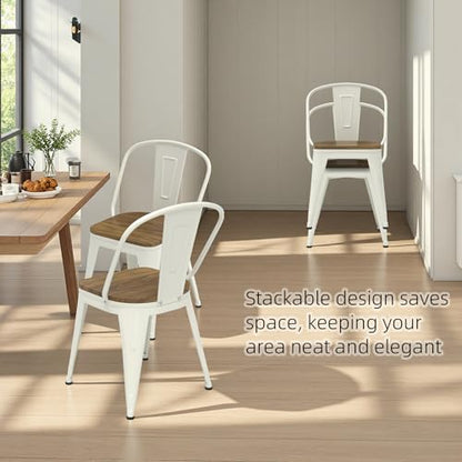 18 Inch White Dining Chairs Set of 4, Farmhouse Metal Chairs with High Back and Wooden Seat, Stackable Industrial Bar stools for Dining Room (White) - color: White