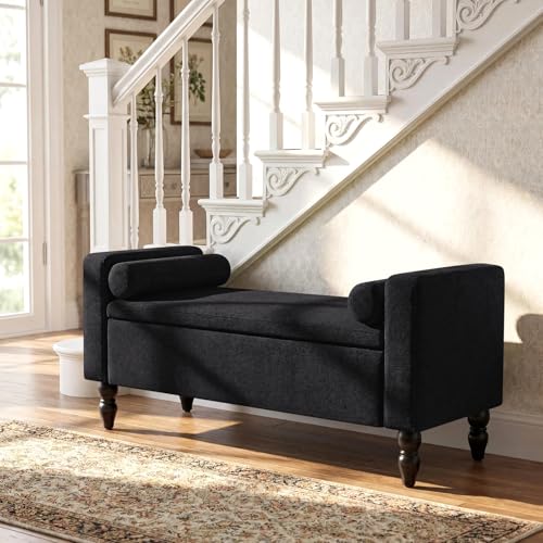End of Bed Bench for Bedroom, 45.7" Linen Storage Ottoman Bench with Removable Pillows, Upholstered Entryway Bench with Solid Wood Legs, Storage Cabinet for Bedroom, Living Room, Entryway, Black - color: Black