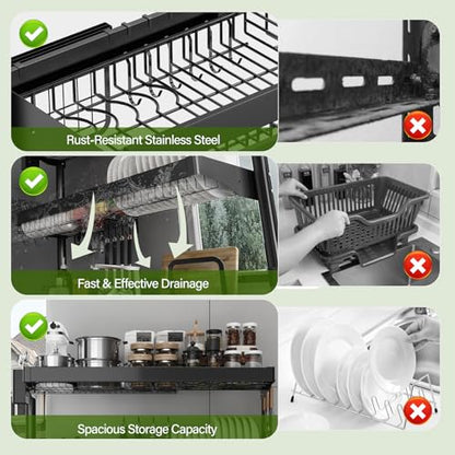Over Sink Dish Drying Rack, 3-Tier Full Stainless Steel Drainer Dish Rack Adjustable 20.9''-37.4'', Expandable Multifunctional Kitchen Organizer - color: Black, size: 3 Tier with Flat Grid