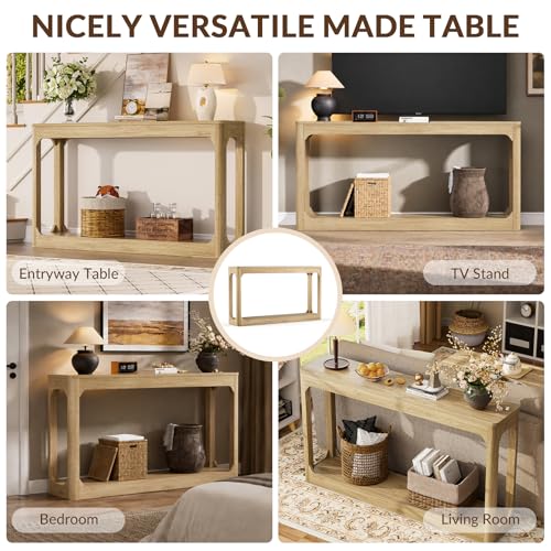 55.1" Console Table, Entryway Sofa Table for Hallway, Natural | Engineered wood, Slim console table, curved legs, 2-tier storage, entryway hallway sofa living room - color: Natural