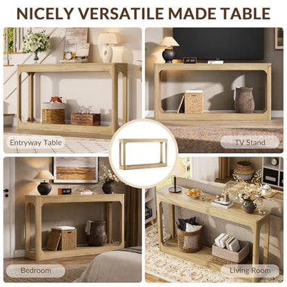 55.1" Console Table, Entryway Sofa Table for Hallway, Natural | Engineered wood, Slim console table, curved legs, 2-tier storage, entryway hallway sofa living room - color: Natural