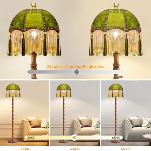 ILLMTW Vintage Floor Lamp for Living Room,Bedroom,Dimmable Standing Lamp with Remote,Green Mid Century Gold Tall Lamp Boho Retro Floor Light Wood Fringe Tassel Flower Unique Tiffany Victorian Decor - size: Floor Lamp-37