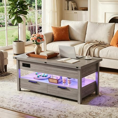 40" Lift Top Smart Coffee Table for Living Room | Power Outlets, LED Lights, Lifting Top, Storage Drawers & Compartments, for 4-6 People, Grey - color: Grey