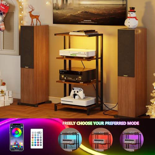 X-cosrack 16.5" Small 4-Tier AV Media Stand with Power Strips,Narrow Version Wooden Corner TV Stand Shelf with LED Lights,Stereo Cabinet Audio Rack Stand Tower for Small Media Players and Boxes - style: Outlet and Light