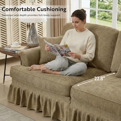 Modular Sectional Sofa Couch, Comfy Chenille Sofa with Removable Ruffled Skirt, Flared Armrests, Sturdy Legs, Convertible 3-Seat for Living Room, Bedroom, Apartment (Coffee) - color: Coffee, size: 107.1 Inch