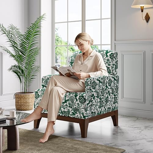 Floral Accent Chair, Upholstered Armchair with Solid Legs, Comfy Reading Single Sofa with Spring-Padded Cushion for Bedroom, Green - size: Wide Seat