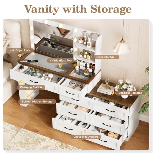 Farmhouse Makeup Vanity Desk, Vanity 6-Drawer Dresser Combo, Antique White | Large Make Up Dressing Table, with Mirror and Lights, Glass Top, 8 Drawers, Charging Station, Open Storage, for Bedroom